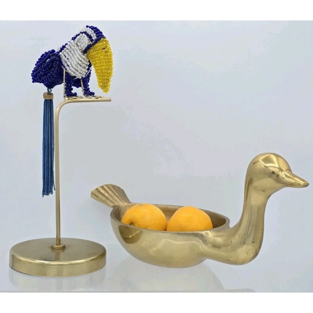 2 Lot of Decorative Finely Beaded Tucan On Stand & Shiny Brass Duck Decor Bowl